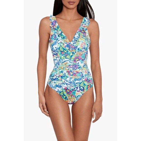 LAUREN Ralph Lauren Swimsuit Sz 14 Ruffle V-neck One Piece Multi Print $160 NWT - Picture 15 of 16